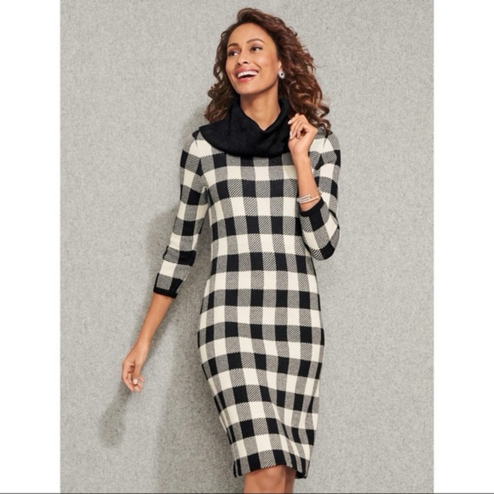 Talbots Cashmere Blend Buffalo Plaid Sweater Dress Black White Size P XS